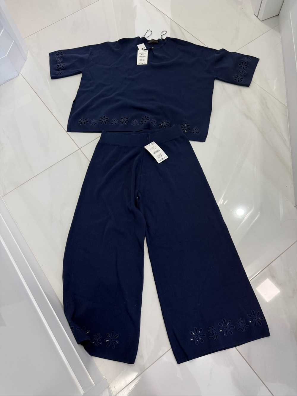 Zara Navy Blue Two-Piece Pajama Set with Floral Laser-Cut Detail